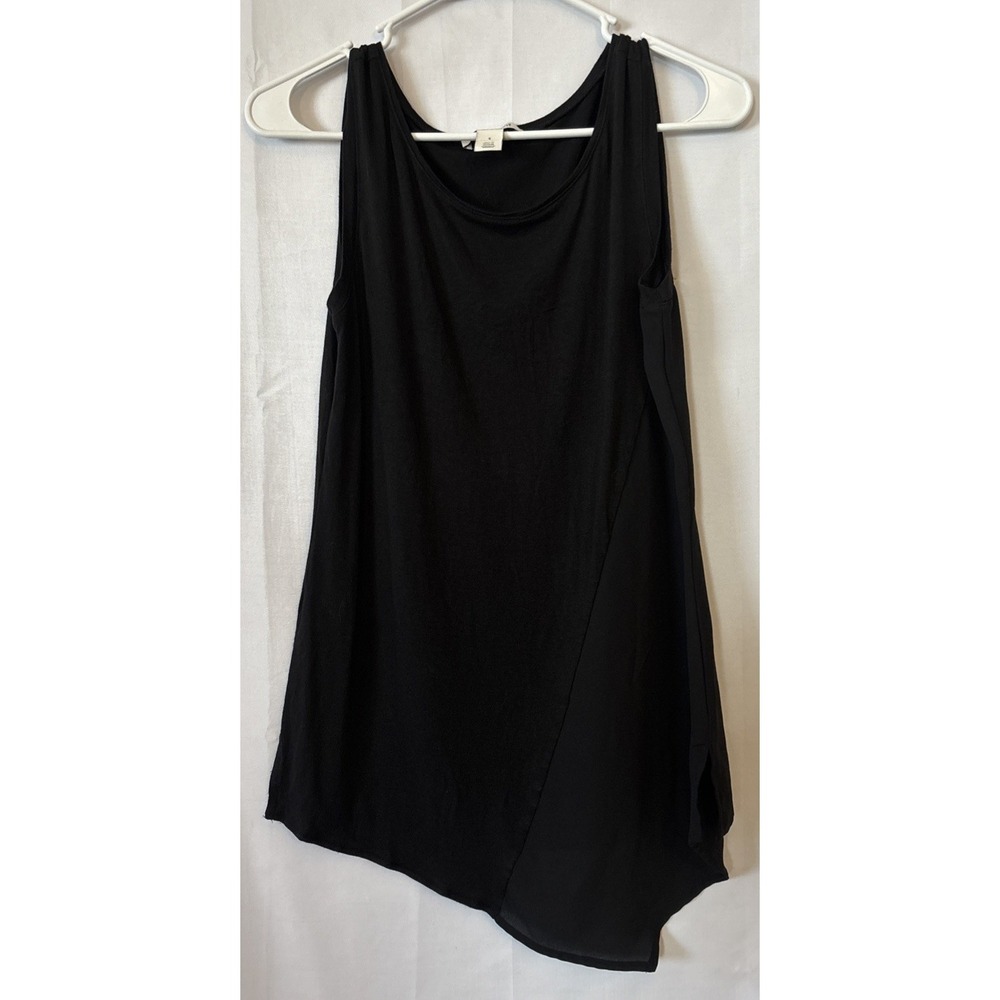 Women's Tunic Top Blouse Sleeveless Black W Asymmetrical Hem Left Side Sheer S‎